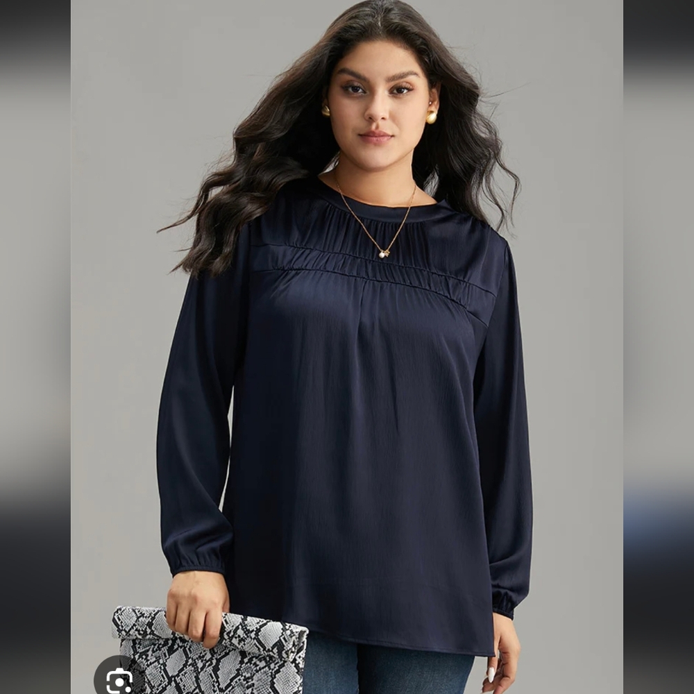 BloomChic Blue Smocked Long Sleeve Blouse